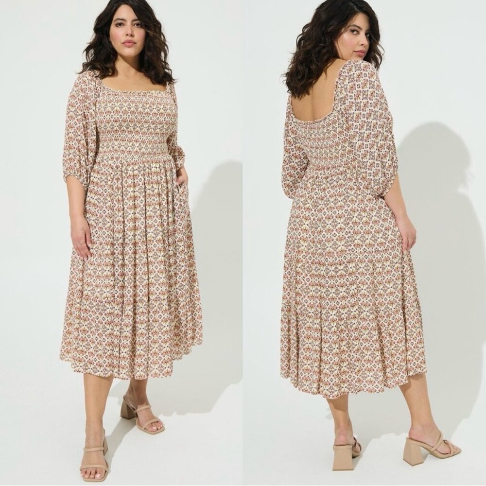TORRID Midi Gauze Off The Shoulder Tiered Dress Smocked Cottagecore Boho 0X L/12